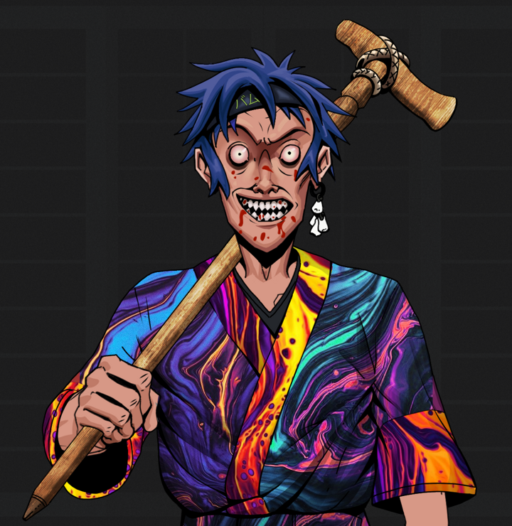 Assassin Fuzen — Degen Dojo NFT art (Foes Teeth, Shoji Night, Degens, Rainbow Kimono, Assassin Fuzen, Shirtless Runt, Bum Headband Ruffian, Wooden Walking Cane, Mint)