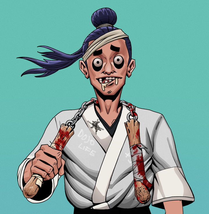 Drooling Azuma — Degen Dojo NFT art (Shirtless Runt, Teal Daytime, Degens, No Honor Kimono, Drooling Azuma, Long Flowing, Bloody Nunchucks, Mint)