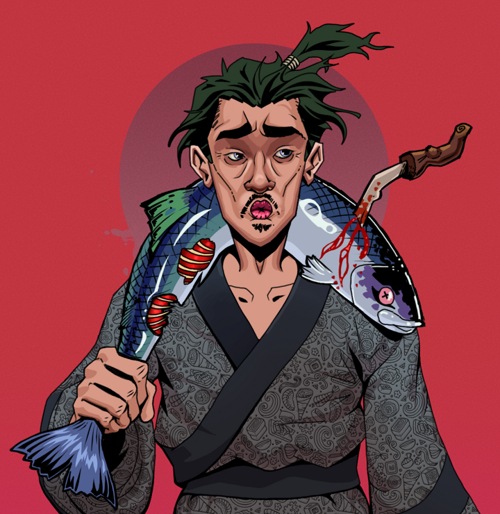 Masumi Steel — Degen Dojo NFT art (Shirtless Runt, Red High Moon, Degens, Sushi Love Loose Kimono, Masumi Steel, Messy Ponytail, Dead Fish, Mint)