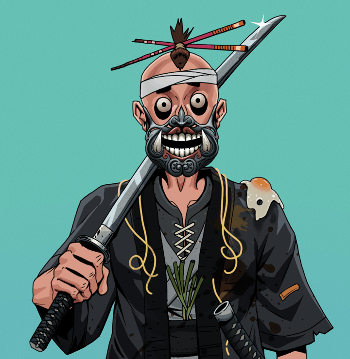 Drooling Azuma — Degen Dojo NFT art (Shirtless Runt, Teal Daytime, Degens, Glutton Fight, Drooling Azuma, Hannya Half Mask, Hair Bun With Chopsticks, Katana, Mint)