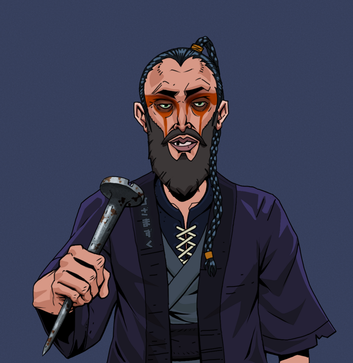 Oleg Of War — Degen Dojo NFT art (Shirtless Runt, Blue Evening, Degens, Daimyo Warrior Kimono, Oleg Of War, Braided Samurai Ponytail, Rusty Nail, Mint)