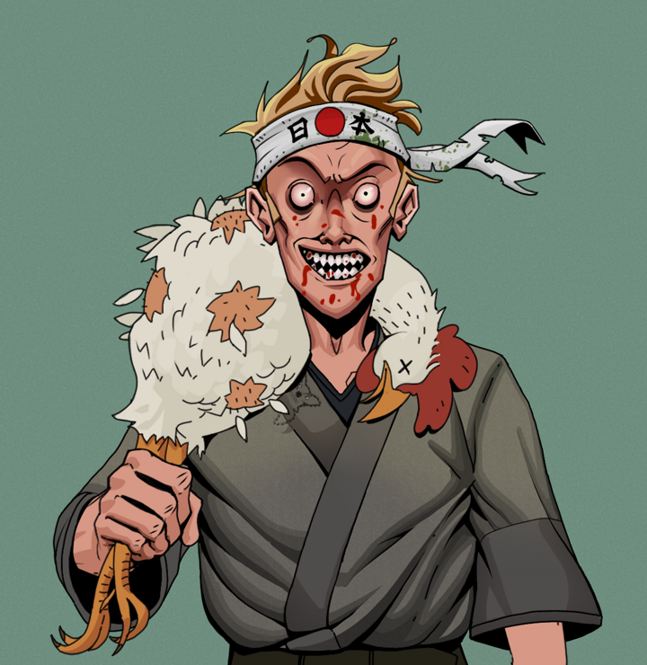 Assassin Fuzen — Degen Dojo NFT art (Shirtless Runt, Olive Green, Degens, Puppy Kimono, Assassin Fuzen, Karate Headband, Chicken, Mint)