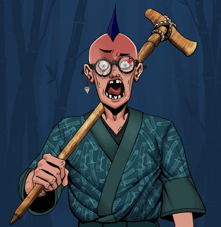 Tokuda — Degen Dojo NFT art (Shark Tooth, Night Forest, Degens, Katanajamas Kimono, Tokuda, Bloodied Glasses, Mohawk Spike, Wooden Walking Cane, Mint)
