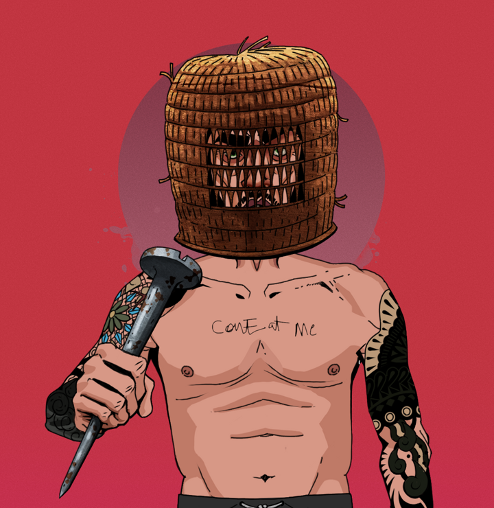 Gloomy Masumi — Degen Dojo NFT art (Shirtless Runt, Red High Moon, Degens, Black Yakuza Sleeves, Gloomy Masumi, Tengai Basket, Rusty Nail, Mint)
