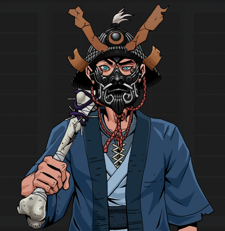 Akuma — Degen Dojo NFT art (Shirtless Runt, Shoji Night, Degens, Blue Warrior Kimono, Akuma, Black Iron Kabuto, Spiky Femur, Mint)