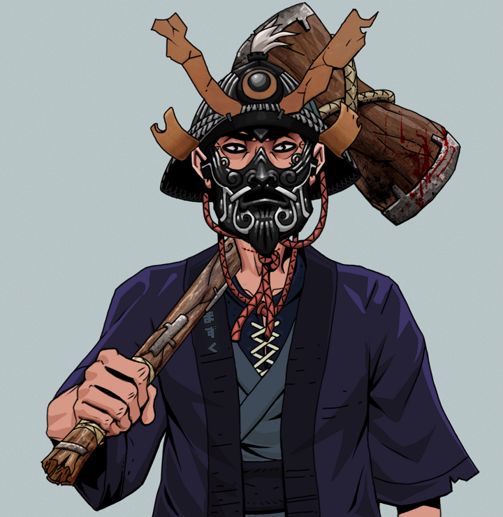 Junichiro Reborn — Degen Dojo NFT art (Shirtless Runt, Light Grey, Degens, Daimyo Warrior Kimono, Junichiro Reborn, Black Iron Kabuto, Wooden Warhammer, Mint)