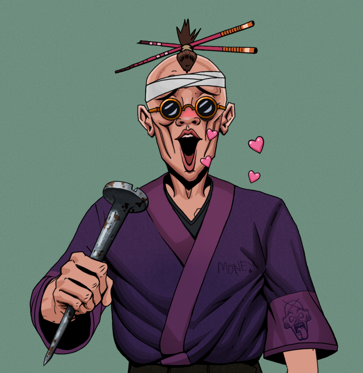Lovey Haruto — Degen Dojo NFT art (Shirtless Runt, Olive Green, Degens, Money Kimono, Lovey Haruto, Dark Spectacles, Hair Bun With Chopsticks, Rusty Nail, Mint)