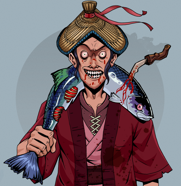 Assassin Fuzen — Degen Dojo NFT art (Shirtless Runt, Grey Mist, Degens, Red Warrior Kimono, Assassin Fuzen, High Straw Rice Hat, Dead Fish, Mint)
