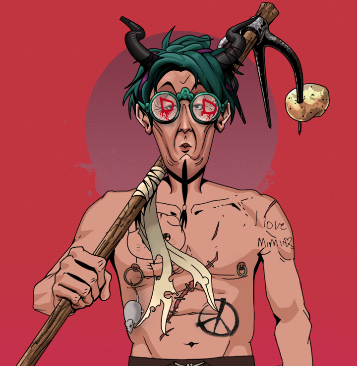 Edmundo — Degen Dojo NFT art (Shirtless Runt, Red High Moon, Degens, Recovering Alcoholic, Edmundo, Dojo Graffiti, Black Oni Horns, Farmers Hoe, Mint)