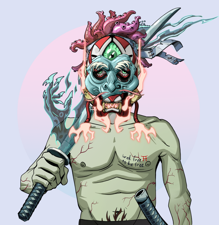 Fat Bob — Degen Dojo NFT art (Shirtless Runt, Purple Night, Demons, Nudey Freak, Fat Bob, Kitsune Mask, Karate Headband, Katana, Mint)
