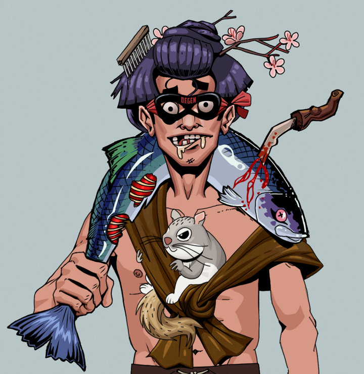 Drooling Azuma — Degen Dojo NFT art (Shirtless Runt, Light Grey, Degens, Little Momonga Friend, Drooling Azuma, Degen Superhero, Disheveled Geisha, Dead Fish, Mint)