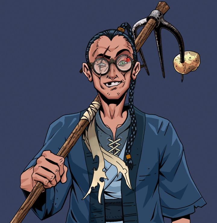 One-Eyed Itsuki — Degen Dojo NFT art (Shirtless Runt, Blue Evening, Degens, Blue Warrior Kimono, One-Eyed Itsuki, Bloodied Glasses, Braided Samurai Ponytail, Farmers Hoe, Mint)