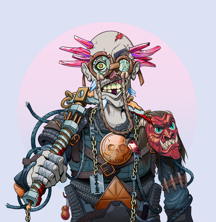 Akuma — Degen Dojo NFT art (Shirtless Runt, Purple Night, Demons, Tatami Tosei Gusoku, Akuma, Pompous Glasses, Dejen Mohawk, Rusty Kusarigama, Mint)