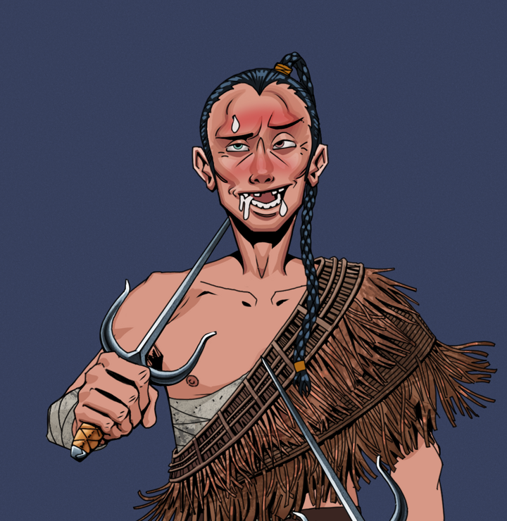 Yuuki — Degen Dojo NFT art (Shirtless Runt, Blue Evening, Degens, Dried Straw, Yuuki, Braided Samurai Ponytail, Dual Sai, Mint)