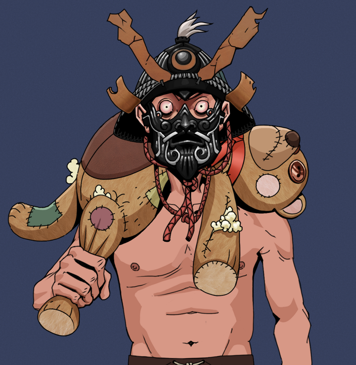 Assassin Fuzen — Degen Dojo NFT art (Shirtless Runt, Blue Evening, Degens, Assassin Fuzen, Black Iron Kabuto, Teddy Bear, Mint)