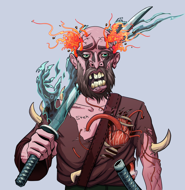Oleg Of War — Degen Dojo NFT art (Shirtless Runt, Blue Evening, Demons, Proud Dejen Kimono, Oleg Of War, Red Heihachi, Katana, Mint)