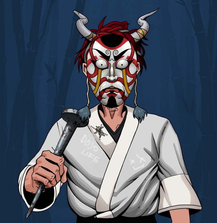 Junichiro — Degen Dojo NFT art (Shirtless Runt, Night Forest, Degens, No Honor Kimono, Junichiro, Kitsune Mask, Grey Oni Horns, Rusty Nail, Mint)