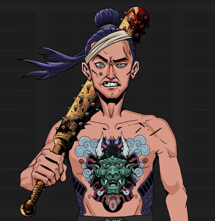 Akuma — Degen Dojo NFT art (Shirtless Runt, Shoji Night, Degens, Blue Oni Tattoo, Akuma, Long Flowing, Yakuza Club, Mint)