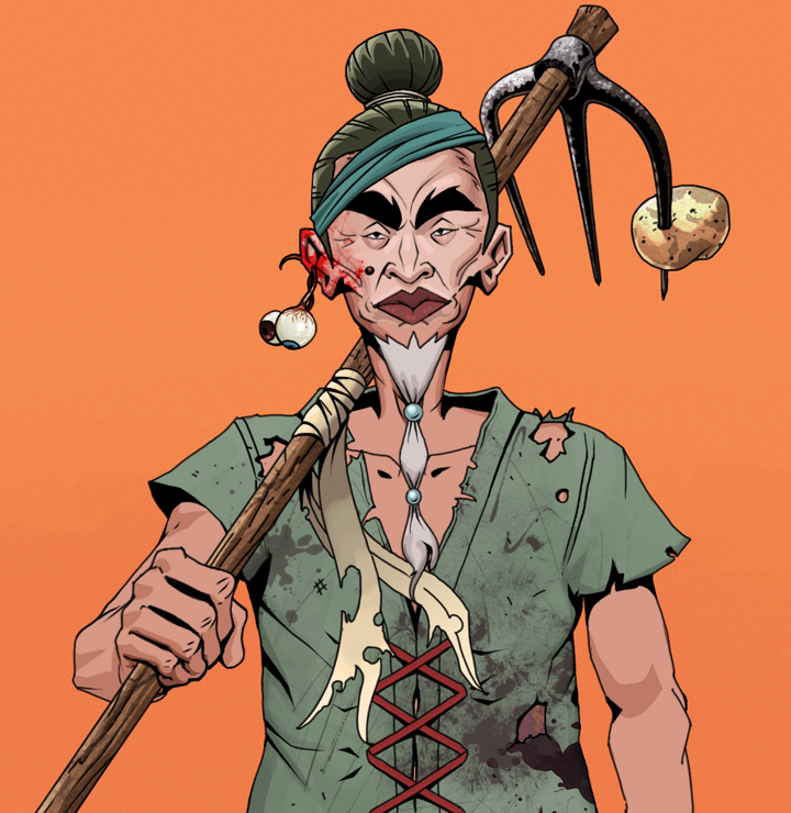 Yuji The Wise — Degen Dojo NFT art (Shaman Eyes, Orange Afternoon, Degens, Dirty Peasant Rags, Yuji The Wise, Shirtless Runt, Hair Bun, Farmers Hoe, Mint)