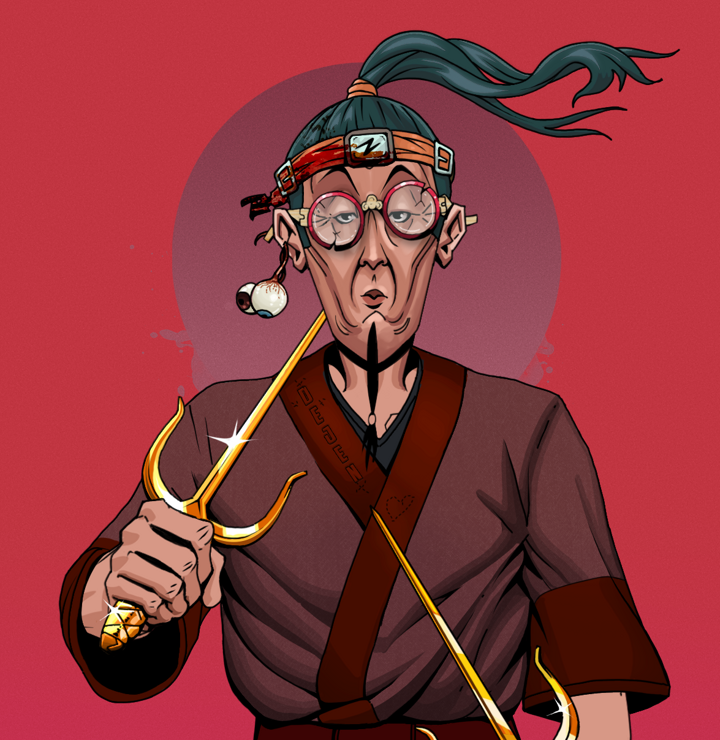 Edmundo — Degen Dojo NFT art (Shaman Eyes, Red High Moon, Degens, Proud Dejen Kimono, Edmundo, Broken Glasses, Green Bandana, Golden Sai, Mint)