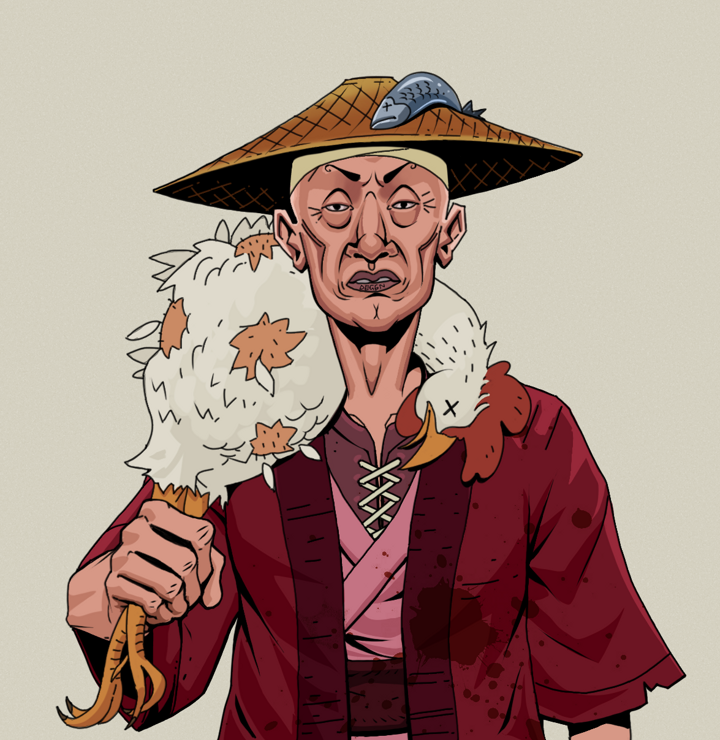 Goro — Degen Dojo NFT art (Shirtless Runt, Warm Grey, Degens, Red Warrior Kimono, Goro, Wide Kasa Fisherman, Chicken, Mint)