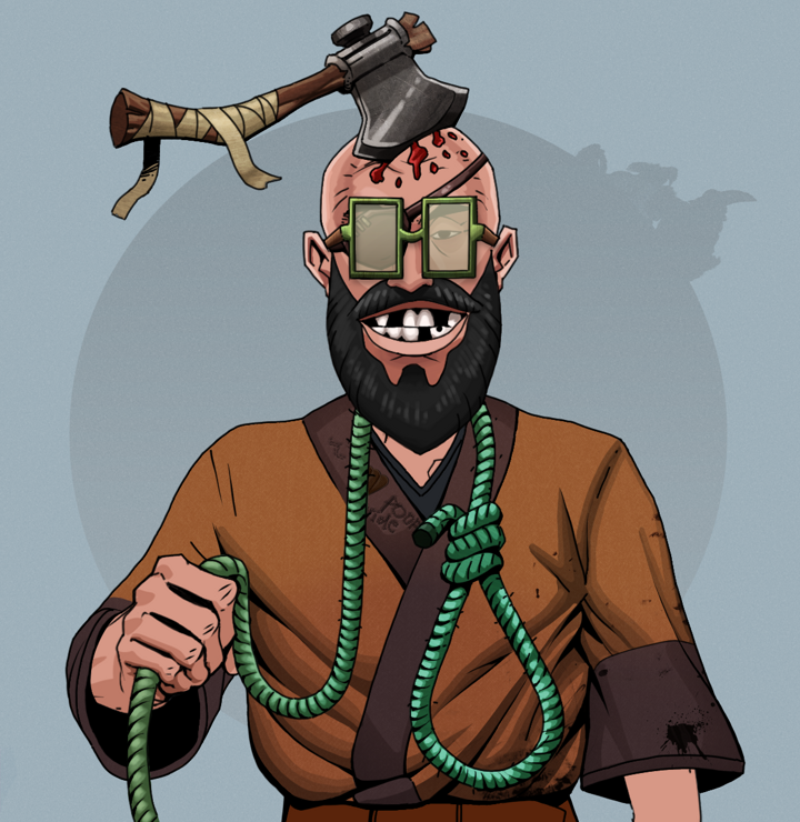 Igor The Veteran — Degen Dojo NFT art (Shirtless Runt, Grey Mist, Degens, Poop Pride Kimono, Igor The Veteran, Shoji Glasses, Splitting Axe Ache, Noose, Mint)