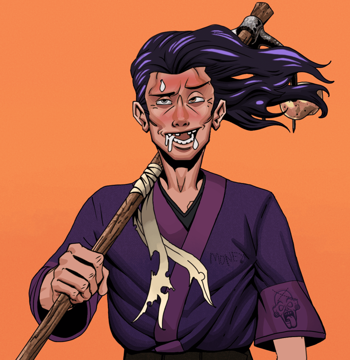 Yuuki — Degen Dojo NFT art (Shirtless Runt, Orange Afternoon, Degens, Money Kimono, Yuuki, Flowing Battousai, Farmers Hoe, Mint)
