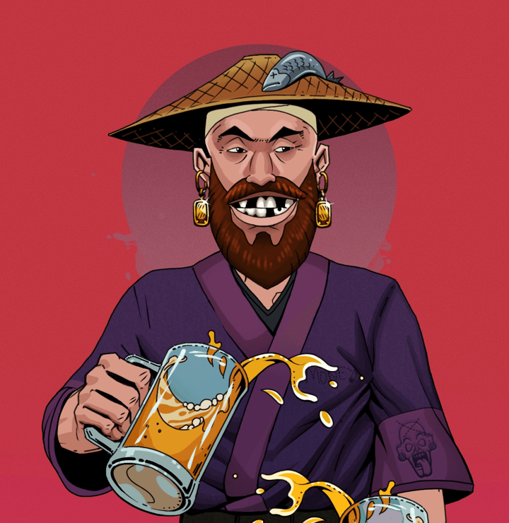 Igor The Bear — Degen Dojo NFT art (Gold Earrings, Red High Moon, Degens, Money Kimono, Igor The Bear, Shirtless Runt, Wide Kasa Fisherman, Beer Splash, Mint)