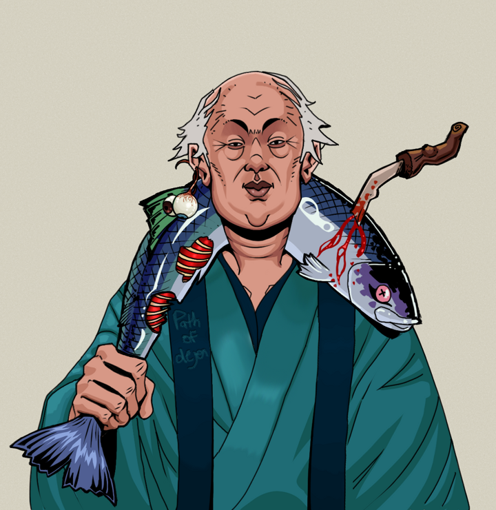 Fat Bob — Degen Dojo NFT art (Shaman Eyes, Warm Grey, Degens, Dejen Apostate, Fat Bob, Shirtless Runt, Kung Fu Master, Dead Fish, Mint)