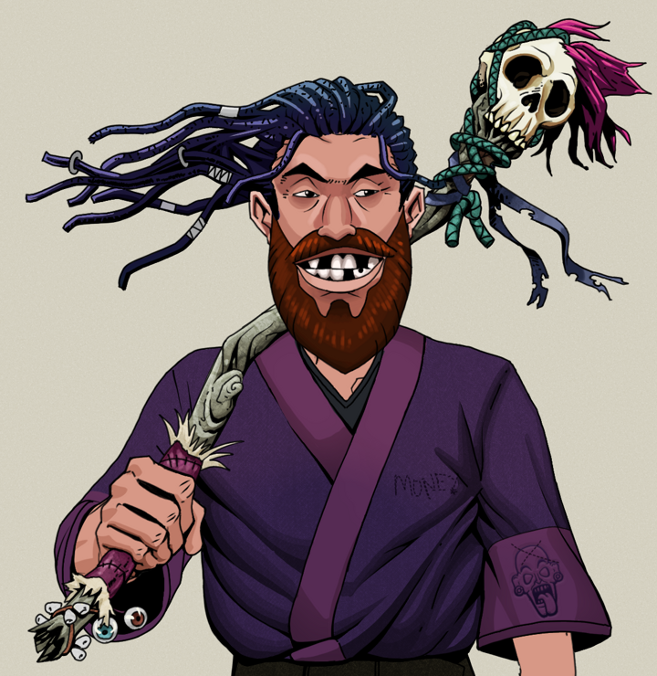Igor The Bear — Degen Dojo NFT art (Shirtless Runt, Warm Grey, Degens, Money Kimono, Igor The Bear, Flowing Dreads, Shaman Skull Staff, Mint)