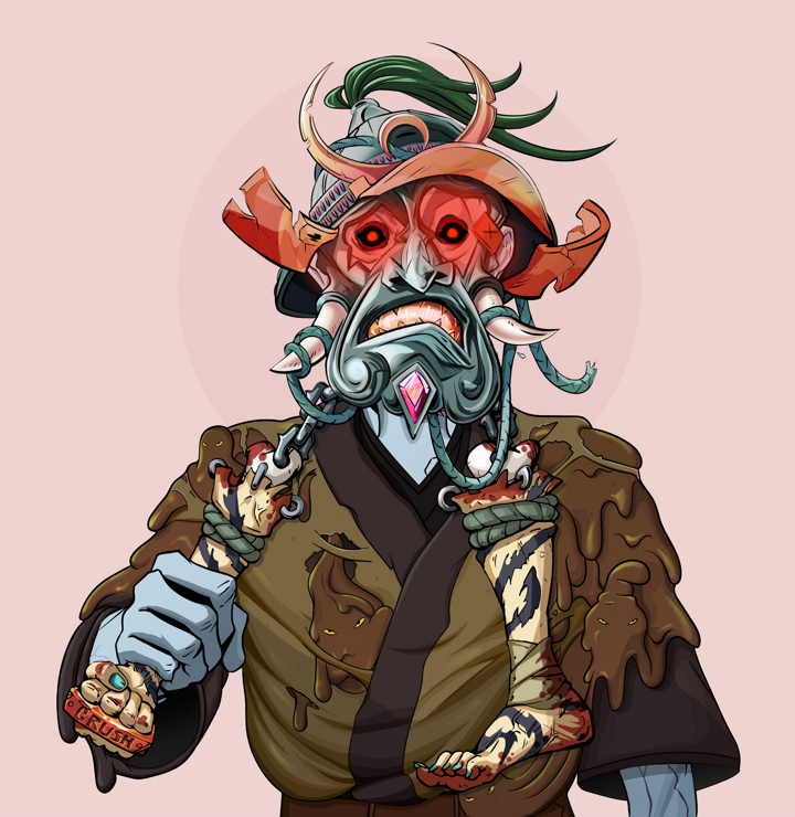 Tokuda — Degen Dojo NFT art (Shirtless Runt, Red High Moon, Demons, Poop Pride Kimono, Tokuda, Tatami Kabuto, Bloody Nunchucks, Mint)
