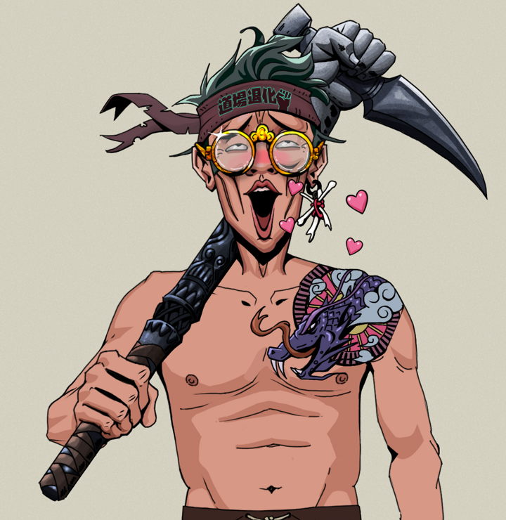 Lovey Haruto — Degen Dojo NFT art (Finger Bones, Warm Grey, Degens, Dragon Head Tattoo, Lovey Haruto, Golden Glasses, Degen Dojo Headband, Stone Fist-Sickle, Mint)