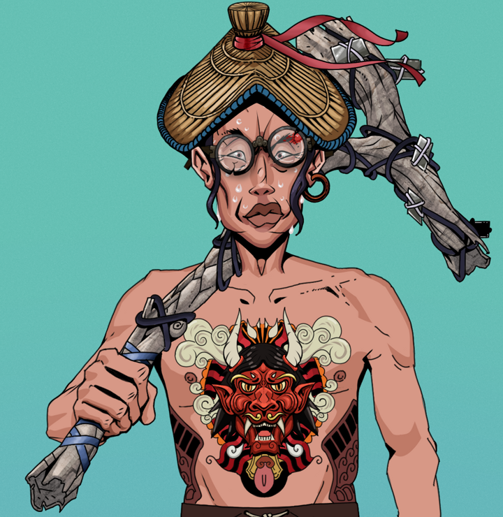 Stresshead Rin — Degen Dojo NFT art (Wooden Loop, Teal Daytime, Degens, Red Oni Tattoo, Stresshead Rin, Bloodied Glasses, High Straw Rice Hat, Large Branch, Mint)