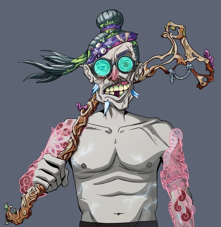Akuma — Degen Dojo NFT art (Shirtless Runt, Shoji Night, Demons, Yakuza Tattoo Sleeves, Akuma, Bloodied Glasses, Long Flowing, Wooden Walking Cane, Mint)