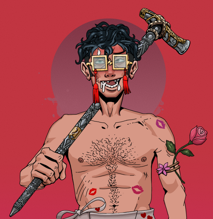 Yuuki — Degen Dojo NFT art (Shirtless Runt, Red High Moon, Degens, Womanizer, Yuuki, Shoji Tassel Glasses, Messy, Artisan Walking Cane, Mint)