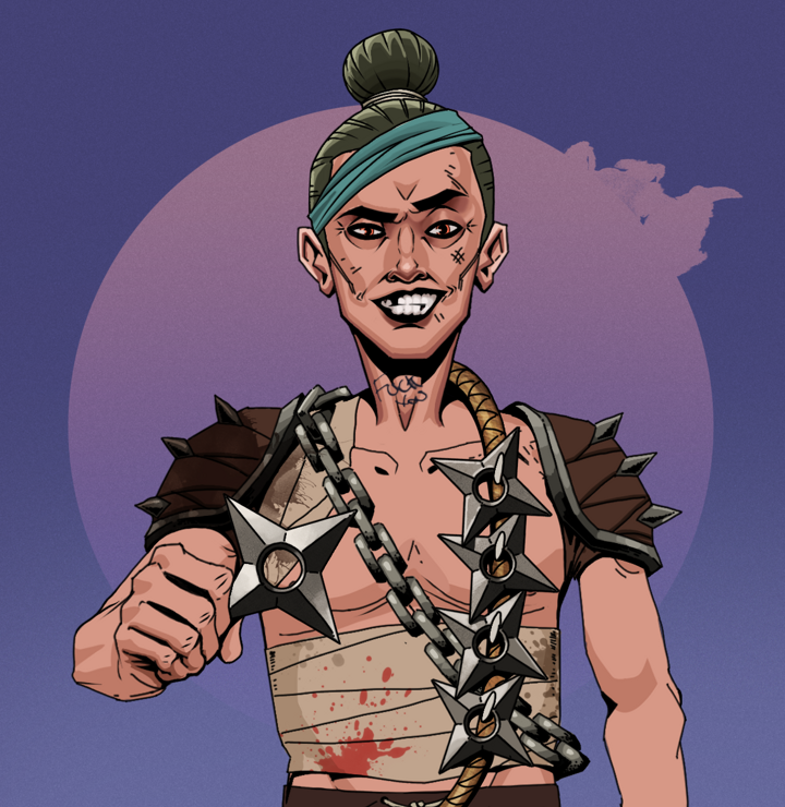 Junichiro — Degen Dojo NFT art (Shirtless Runt, Purple Night, Degens, Mercenary, Junichiro, Hair Bun, Shuriken Belt, Mint)