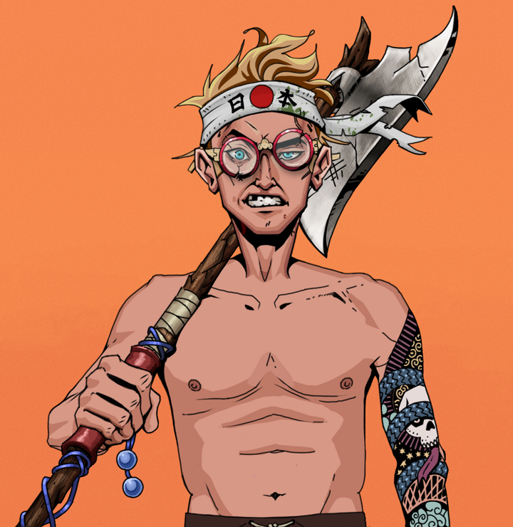 Akuma — Degen Dojo NFT art (Shirtless Runt, Orange Afternoon, Degens, Skull Sleeve, Akuma, Broken Glasses, Karate Headband, Broken Nagatina, Mint)