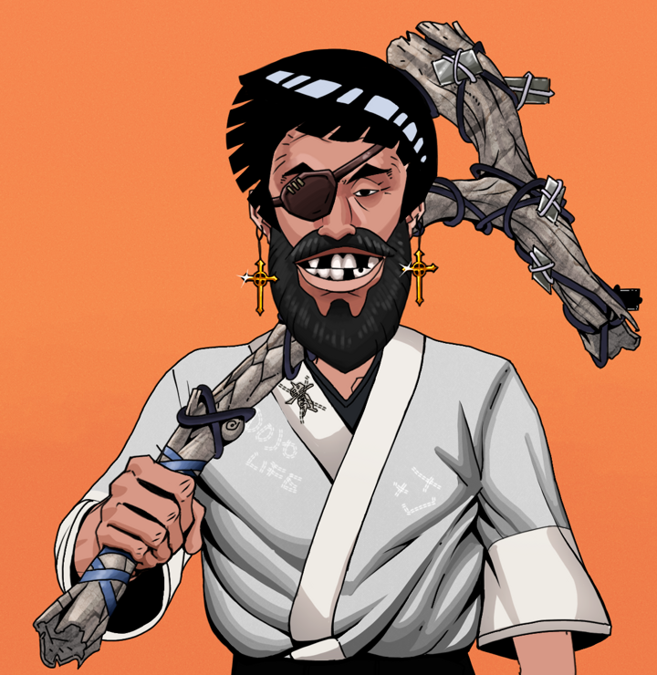Igor The Veteran — Degen Dojo NFT art (Golden Jesuit Crosses, Orange Afternoon, Degens, No Honor Kimono, Igor The Veteran, Shirtless Runt, Rock Lee, Large Branch, Mint)