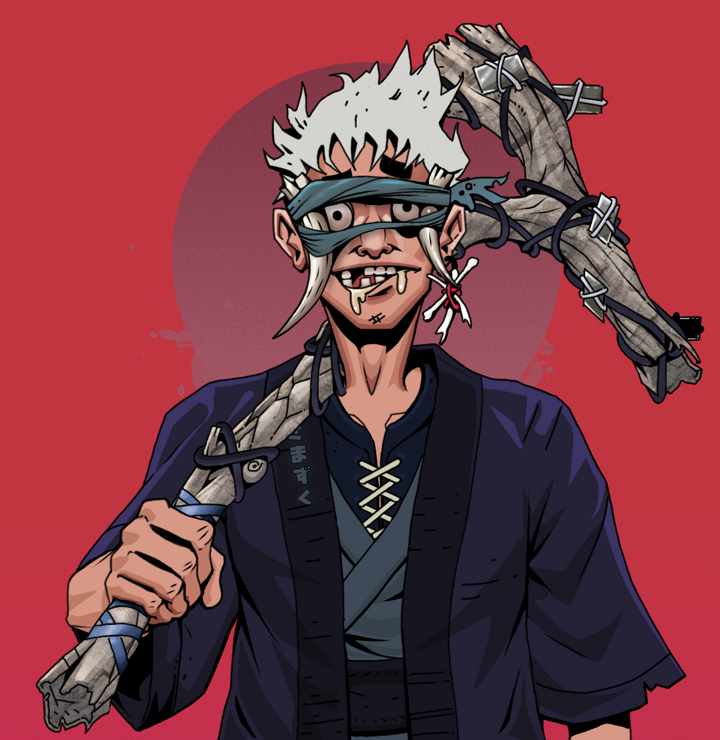 Drooling Azuma — Degen Dojo NFT art (Finger Bones, Red High Moon, Degens, Daimyo Warrior Kimono, Drooling Azuma, Tied Horns, Short Spiky Grey, Large Branch, Mint)