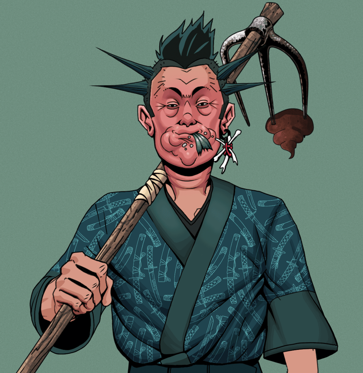 Fatty Bobsticks — Degen Dojo NFT art (Finger Bones, Olive Green, Degens, Katanajamas Kimono, Fatty Bobsticks, Shirtless Runt, Yakuza Ruffian, Poop Cleaner Hoe, Mint)