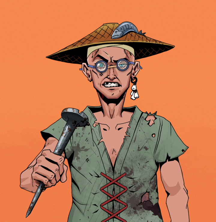 Akuma — Degen Dojo NFT art (Foes Teeth, Orange Afternoon, Degens, Dirty Peasant Rags, Akuma, Spectacles, Wide Kasa Fisherman, Rusty Nail, Mint)