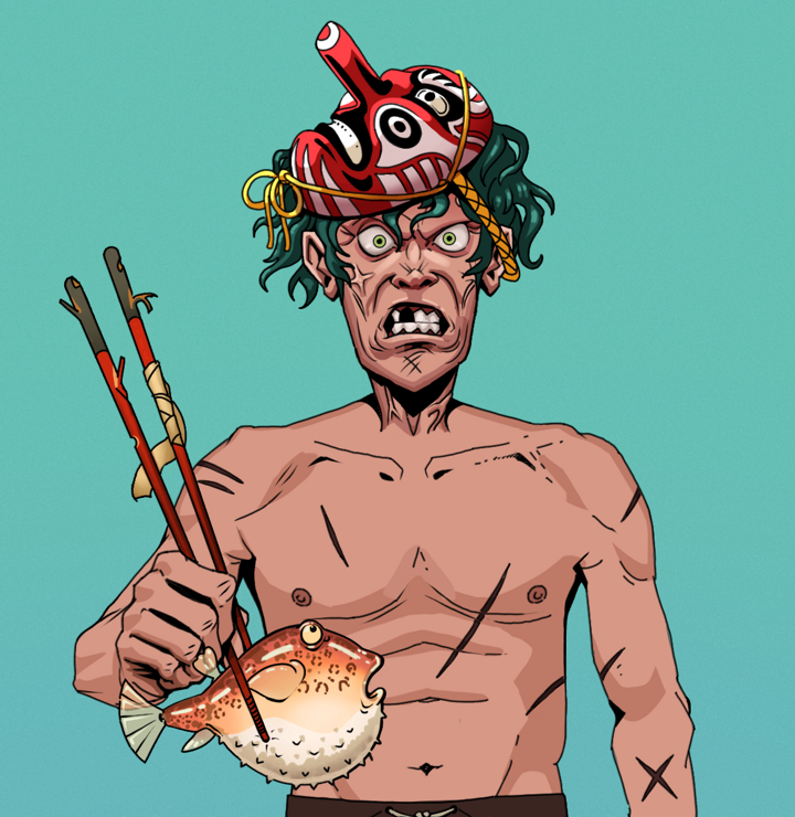 Angry Ikari — Degen Dojo NFT art (Shirtless Runt, Teal Daytime, Degens, Battle Scars, Angry Ikari, Tengu Mask, Frightened Fugu, Mint)