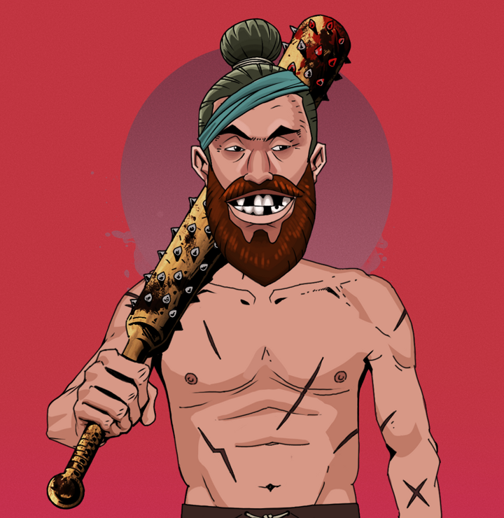 Igor The Bear — Degen Dojo NFT art (Shirtless Runt, Red High Moon, Degens, Battle Scars, Igor The Bear, Hair Bun, Yakuza Club, Mint)