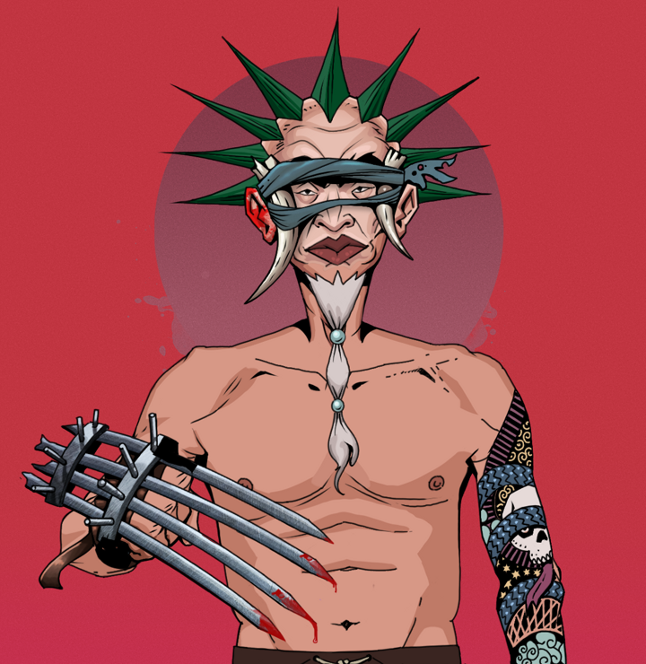 Yuji The Wise — Degen Dojo NFT art (Shirtless Runt, Red High Moon, Degens, Skull Sleeve, Yuji The Wise, Tied Horns, Zapachi, Tekko-Kagi Claws, Mint)