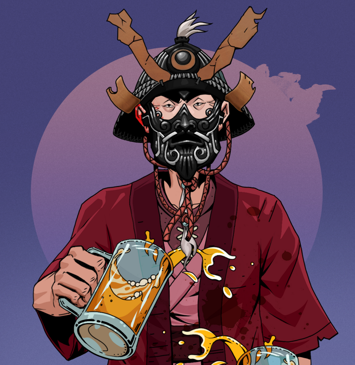 Yuji The Wise — Degen Dojo NFT art (Shirtless Runt, Purple Night, Degens, Red Warrior Kimono, Yuji The Wise, Black Iron Kabuto, Beer Splash, Mint)