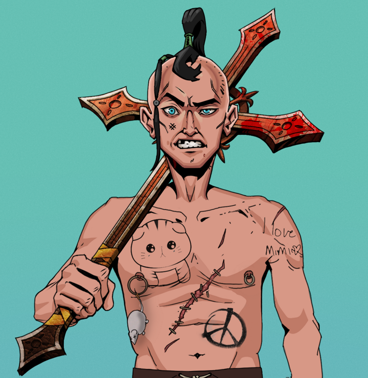 Akuma — Degen Dojo NFT art (Shirtless Runt, Teal Daytime, Degens, Recovering Alcoholic, Akuma, Dejen Samurai, Jesuit Bloody Cross, Mint)