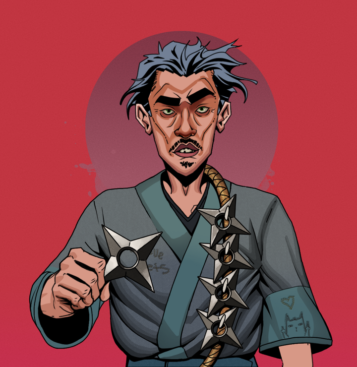 Gloomy Masumi — Degen Dojo NFT art (Shirtless Runt, Red High Moon, Degens, Cet Kimono, Gloomy Masumi, Wavy, Shuriken Belt, Mint)