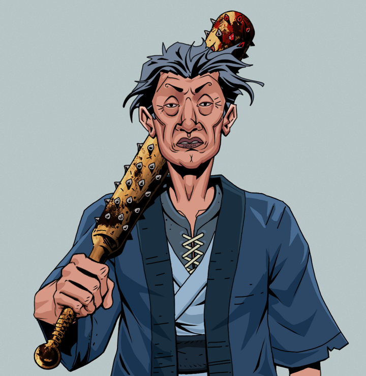 Goro — Degen Dojo NFT art (Shirtless Runt, Light Grey, Degens, Blue Warrior Kimono, Goro, Wavy, Yakuza Club, Mint)