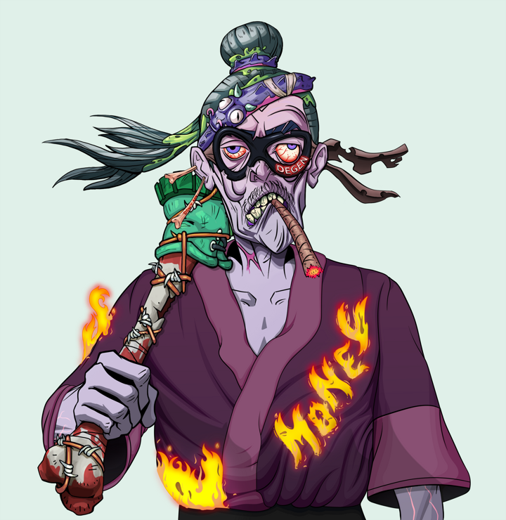 Raikou The Stoner — Degen Dojo NFT art (Chicken Bones, Teal Daytime, Demons, Money Kimono, Raikou The Stoner, Degen Superhero, Long Flowing, Spiky Femur, Mint)