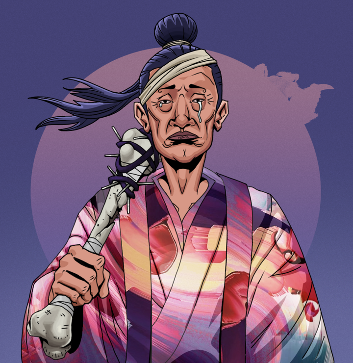 Teary Goro — Degen Dojo NFT art (Shirtless Runt, Purple Night, Degens, Autumn Sakura Kimono, Teary Goro, Long Flowing, Spiky Femur, Mint)